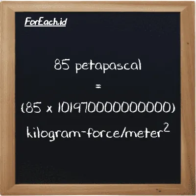 How to convert petapascal to kilogram-force/meter<sup>2</sup>: 85 petapascal (PPa) is equivalent to 85 times 101970000000000 kilogram-force/meter<sup>2</sup> (kgf/m<sup>2</sup>)